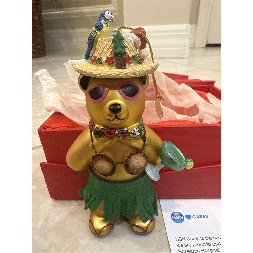 2016 Swarovski Crystals St Jude HSN Cares Teddy Bear Xmas Ornament Hawaiian Sign